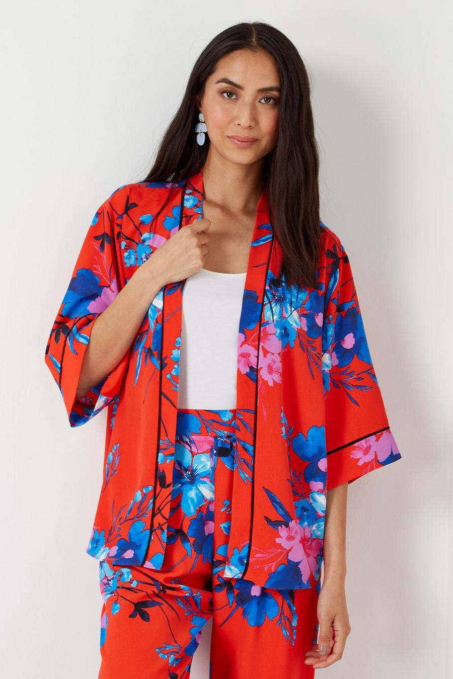 Red and Blue Floral Kimono Jacket